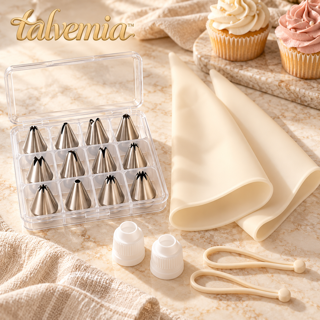 talvemia™ SwirlStudio Piping Tips & Bags Set — Stainless Steel Cake Decorating Kit for Cupcakes, Buttercream & Pastry
