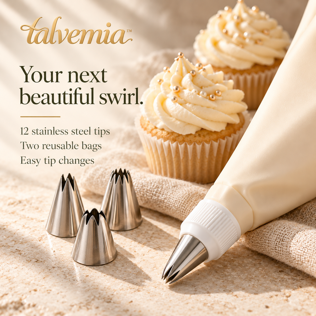 talvemia™ SwirlStudio Piping Tips & Bags Set — Stainless Steel Cake Decorating Kit for Cupcakes, Buttercream & Pastry