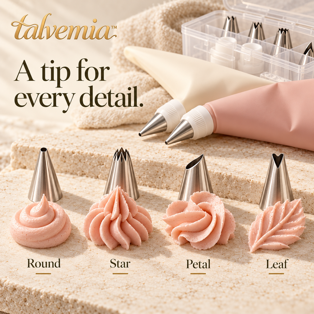 talvemia™ SwirlStudio Piping Tips & Bags Set — Stainless Steel Cake Decorating Kit for Cupcakes, Buttercream & Pastry