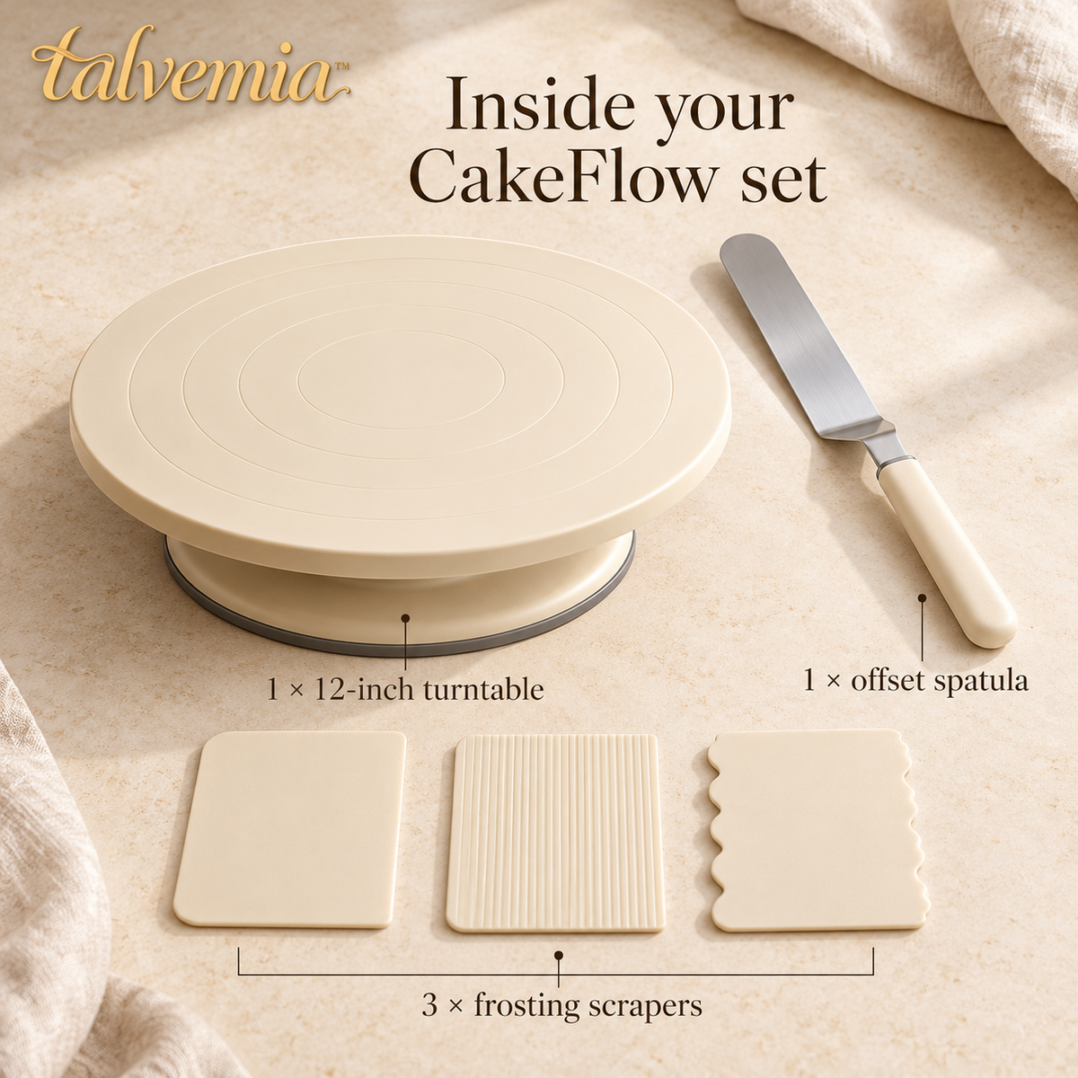 talvemia™ CakeFlow 12-Inch Cake Decorating Turntable Set — Rotating Cake Stand with Offset Spatula & Frosting Scrapers