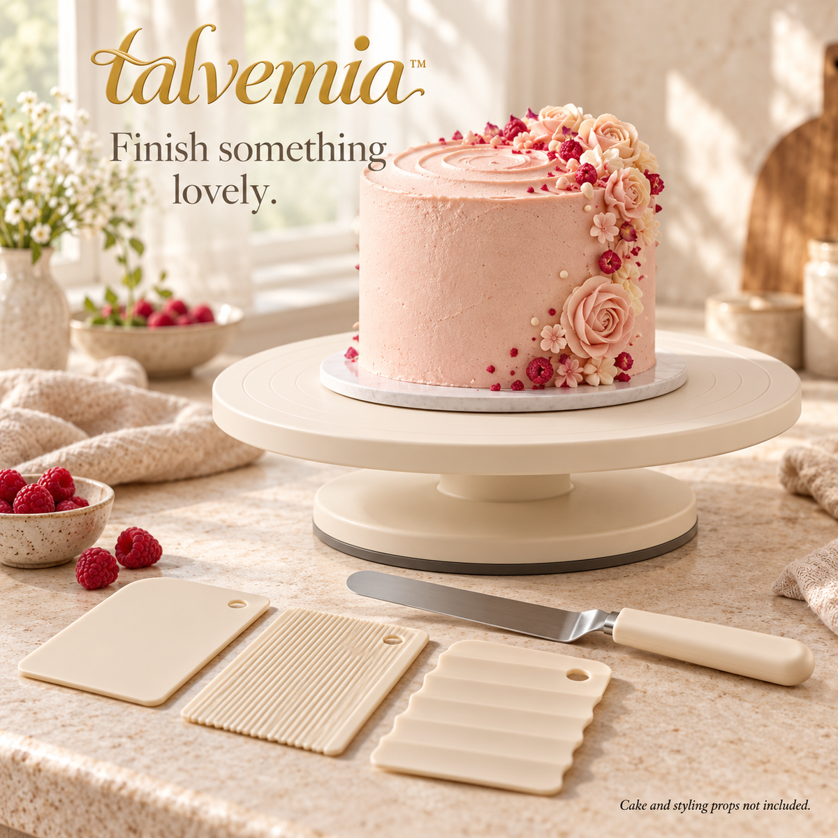 talvemia™ CakeFlow 12-Inch Cake Decorating Turntable Set — Rotating Cake Stand with Offset Spatula & Frosting Scrapers