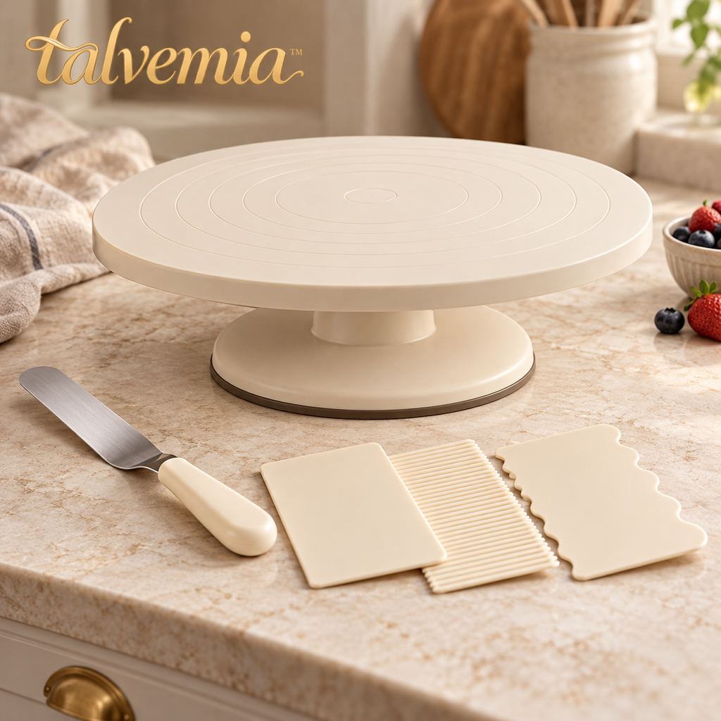 talvemia™ CakeFlow 12-Inch Cake Decorating Turntable Set — Rotating Cake Stand with Offset Spatula & Frosting Scrapers