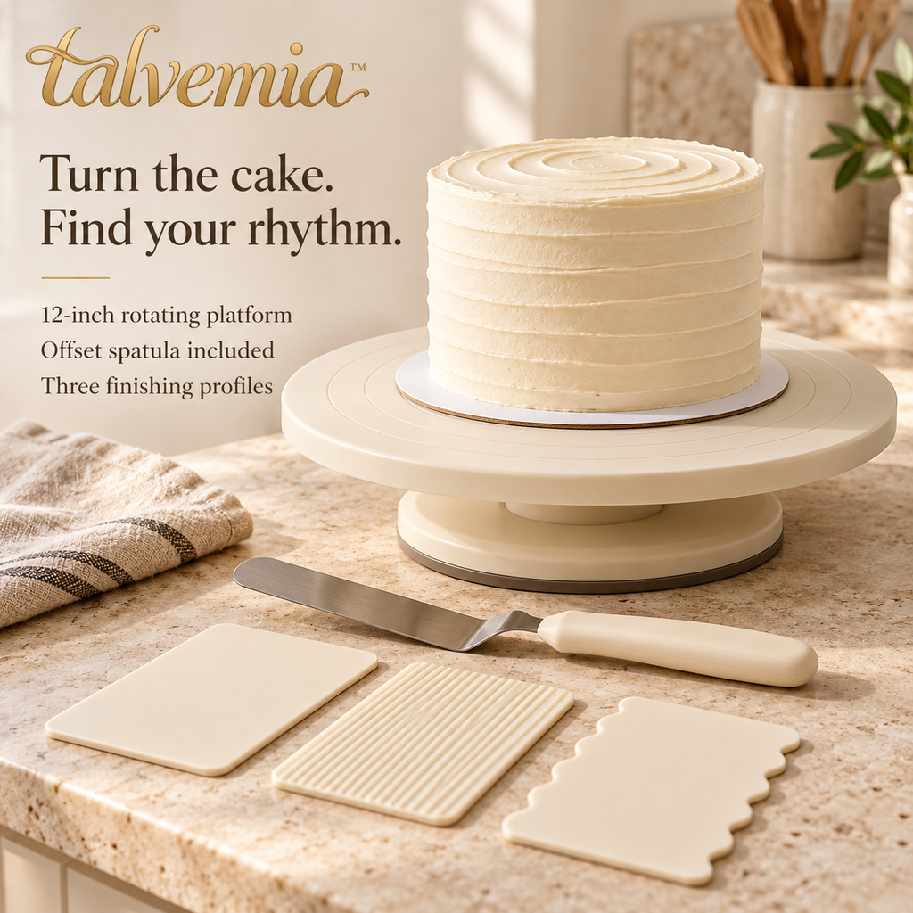 talvemia™ CakeFlow 12-Inch Cake Decorating Turntable Set — Rotating Cake Stand with Offset Spatula & Frosting Scrapers