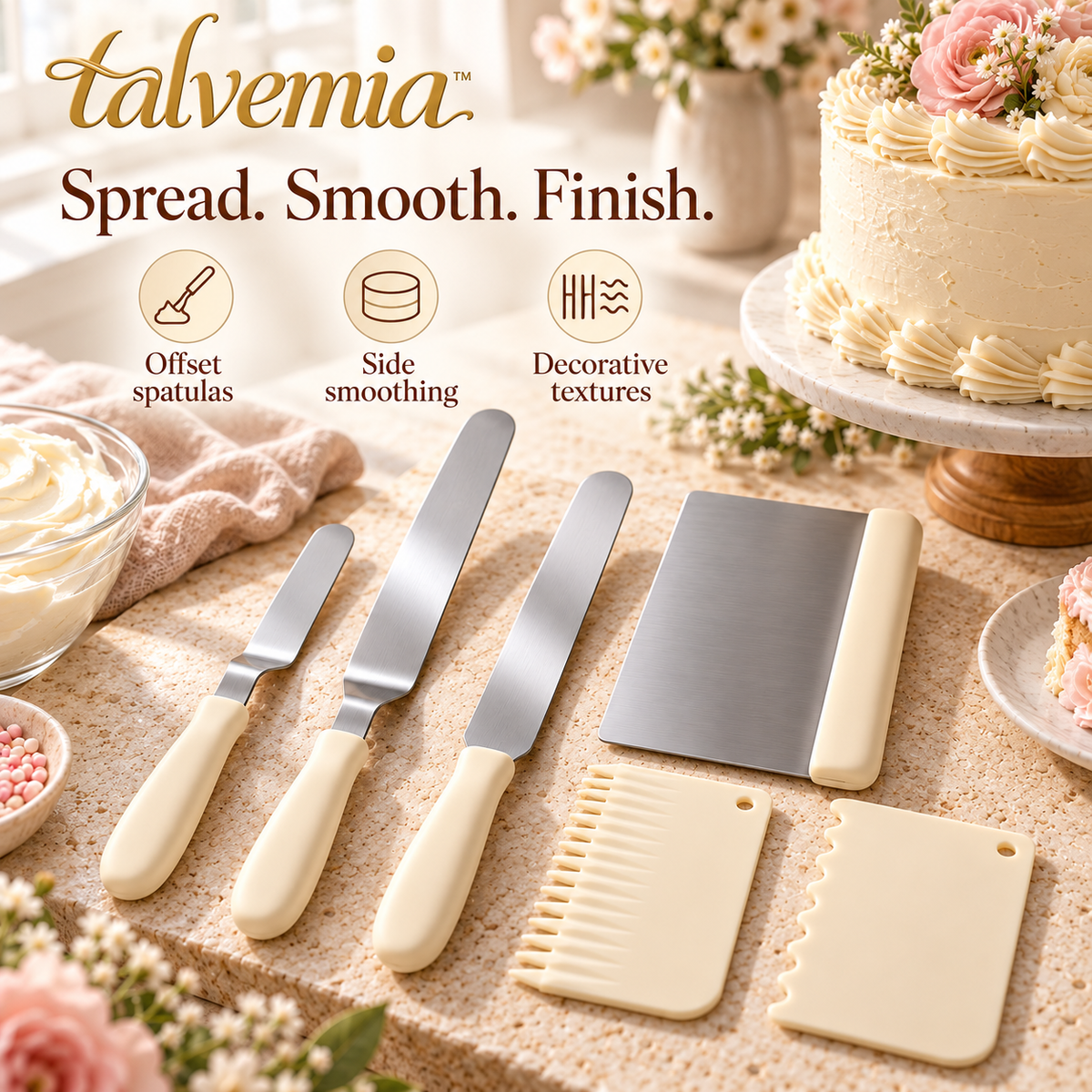 talvemia™ FrostLine Cake Icing Spatula & Scraper Set — Offset Frosting Spreaders, Cake Smoother & Decorating Combs