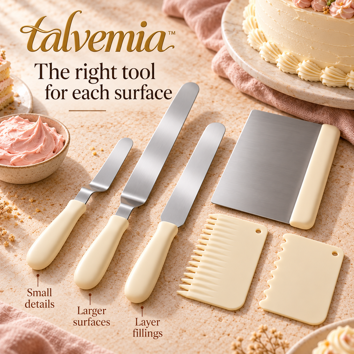 talvemia™ FrostLine Cake Icing Spatula & Scraper Set — Offset Frosting Spreaders, Cake Smoother & Decorating Combs