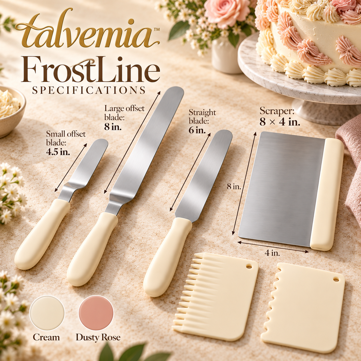 talvemia™ FrostLine Cake Icing Spatula & Scraper Set — Offset Frosting Spreaders, Cake Smoother & Decorating Combs