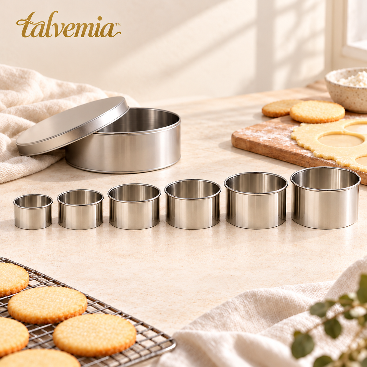 talvemia™ RoundNest Cookie Cutter Set — 6 Stainless Steel Biscuit Cutters for Sugar Cookies, Pastry & Fondant