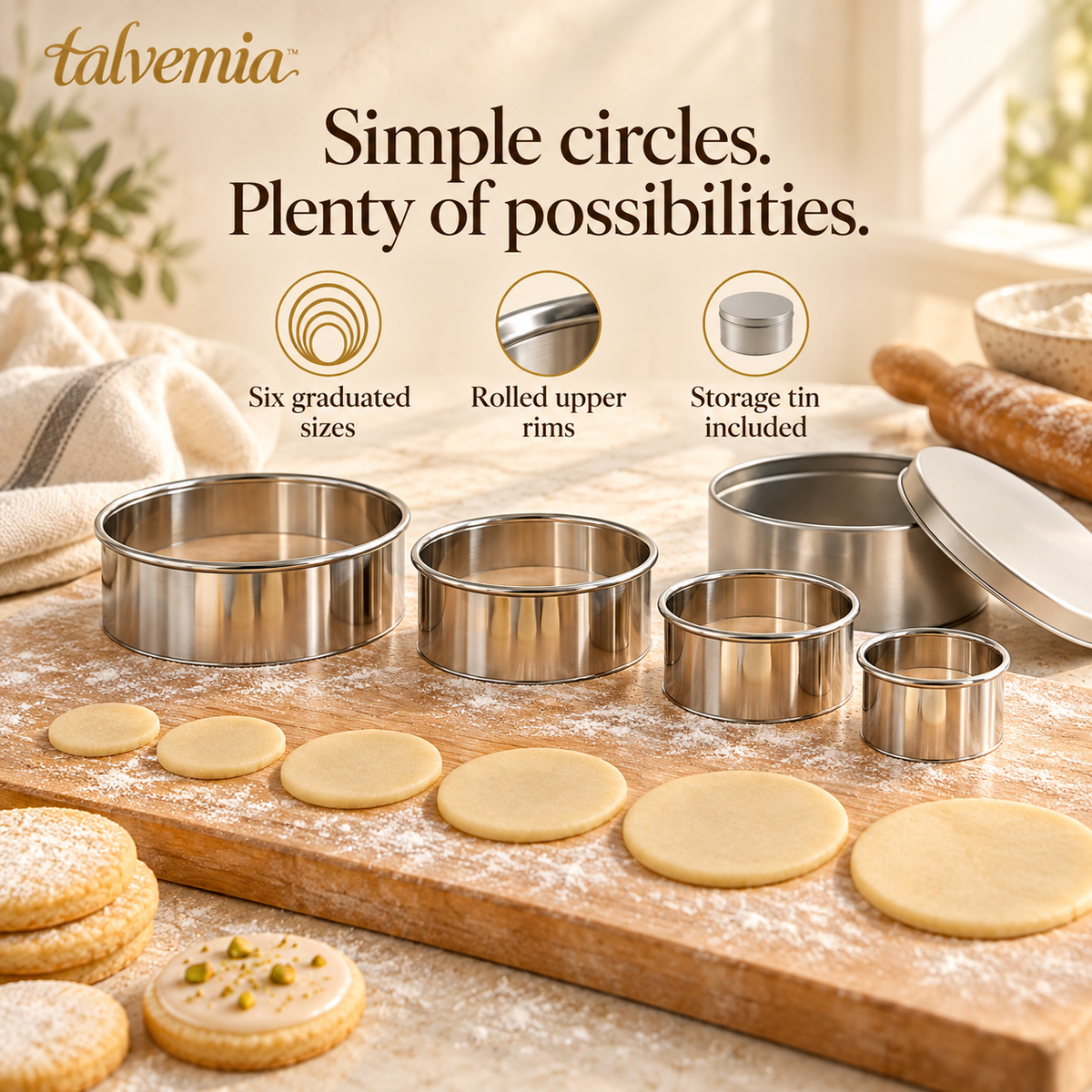 talvemia™ RoundNest Cookie Cutter Set — 6 Stainless Steel Biscuit Cutters for Sugar Cookies, Pastry & Fondant