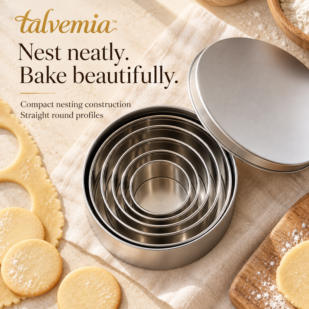 talvemia™ RoundNest Cookie Cutter Set — 6 Stainless Steel Biscuit Cutters for Sugar Cookies, Pastry & Fondant