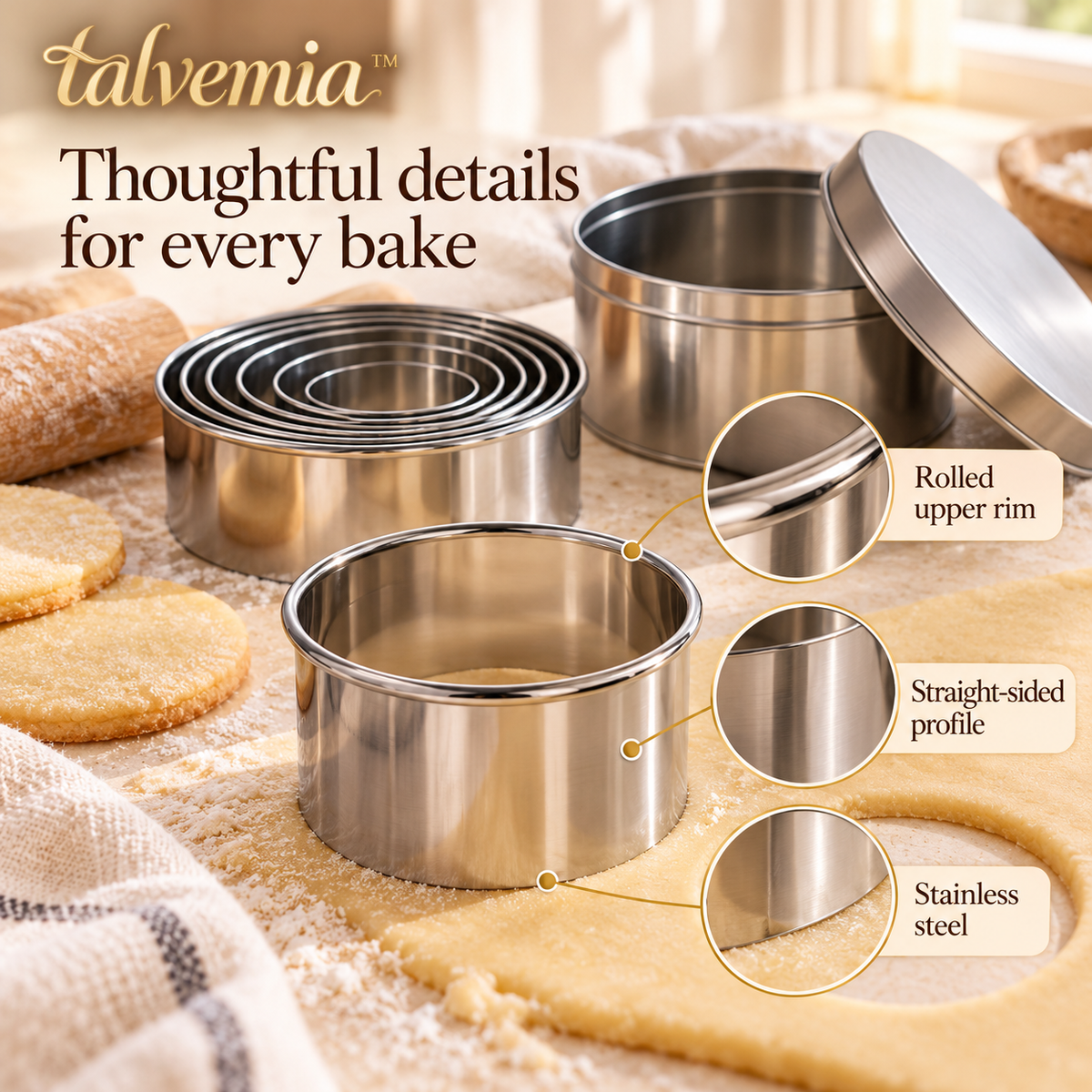talvemia™ RoundNest Cookie Cutter Set — 6 Stainless Steel Biscuit Cutters for Sugar Cookies, Pastry & Fondant