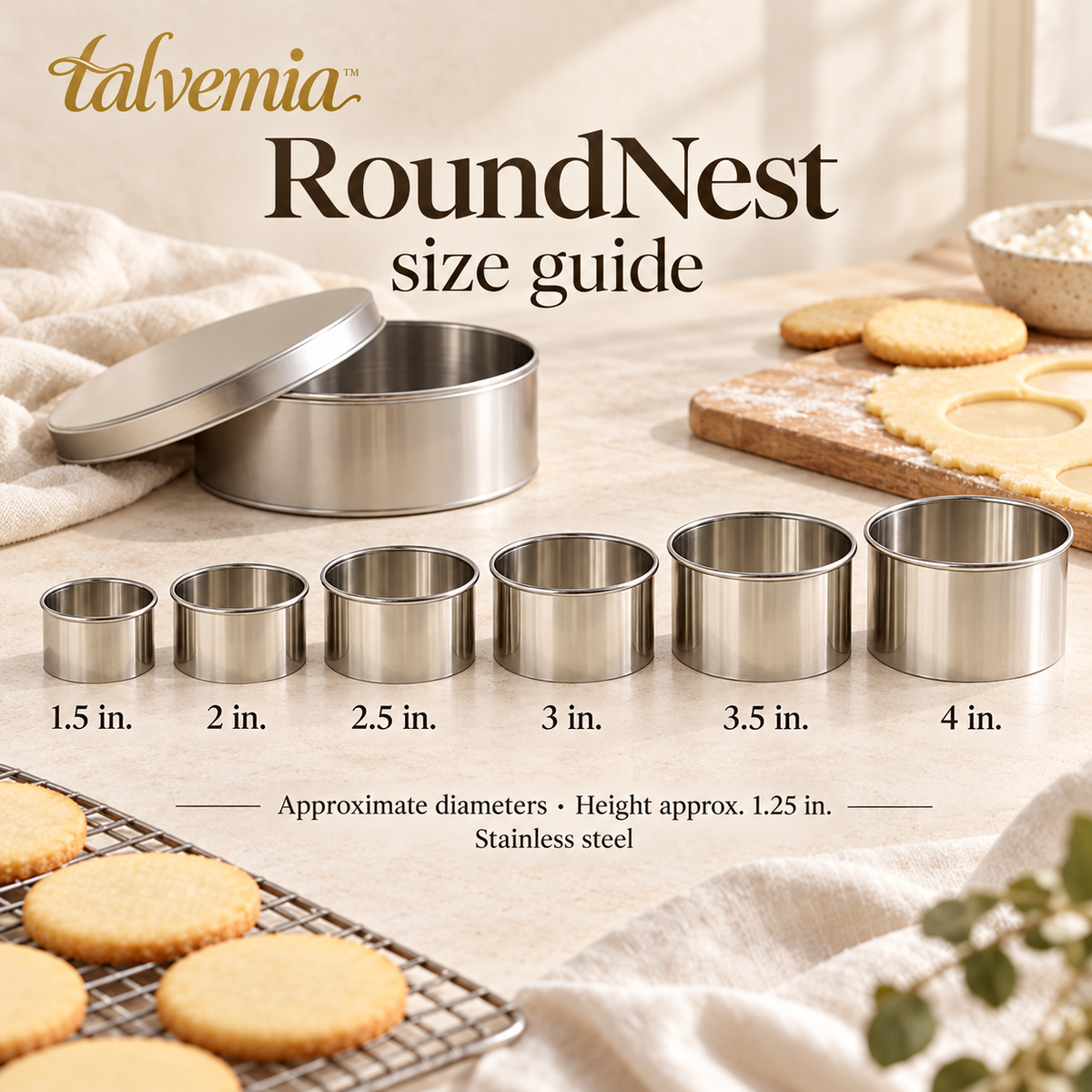 talvemia™ RoundNest Cookie Cutter Set — 6 Stainless Steel Biscuit Cutters for Sugar Cookies, Pastry & Fondant