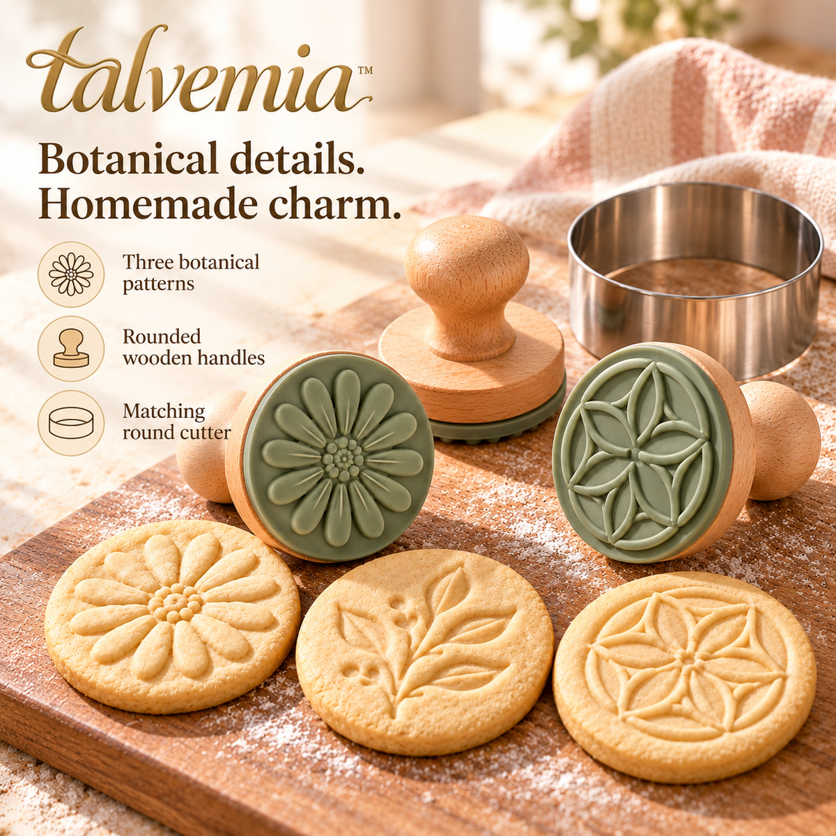 talvemia™ PetalPrint Cookie Stamp Set — 3 Botanical Biscuit Embossers with Wooden Handles & Round Cookie Cutter