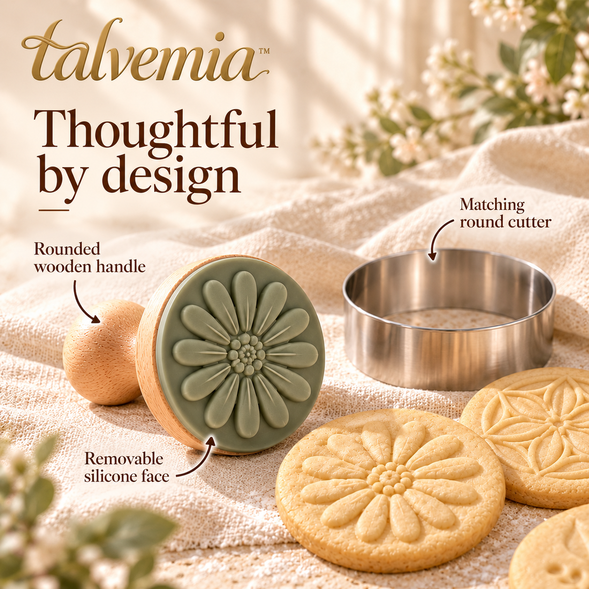 talvemia™ PetalPrint Cookie Stamp Set — 3 Botanical Biscuit Embossers with Wooden Handles & Round Cookie Cutter