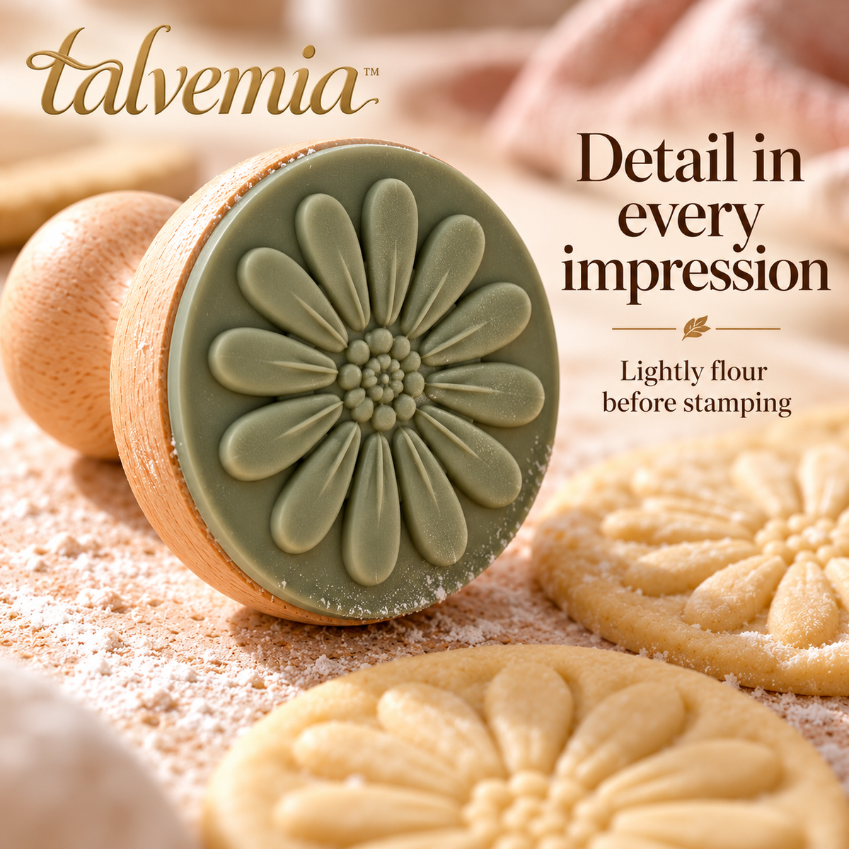 talvemia™ PetalPrint Cookie Stamp Set — 3 Botanical Biscuit Embossers with Wooden Handles & Round Cookie Cutter