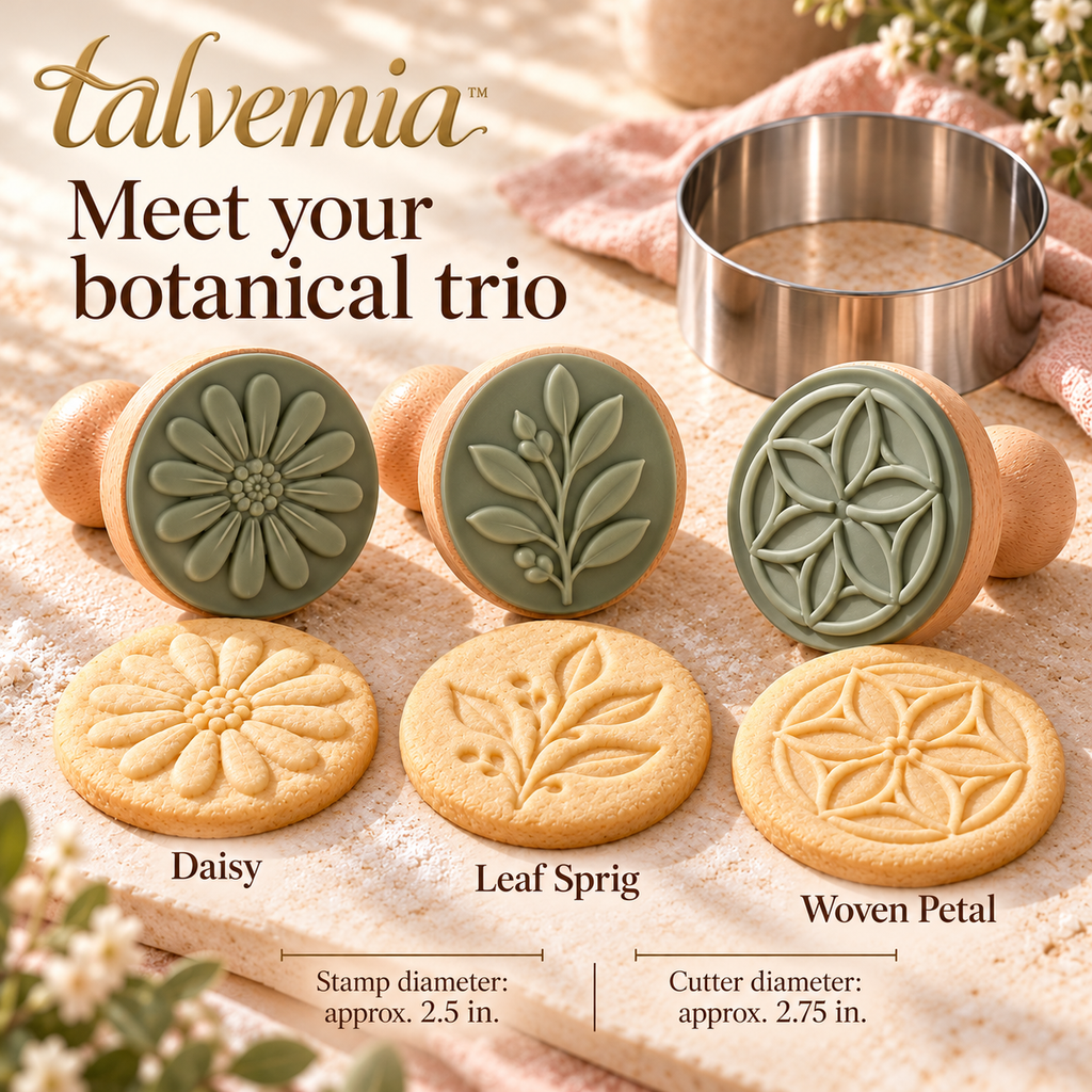 talvemia™ PetalPrint Cookie Stamp Set — 3 Botanical Biscuit Embossers with Wooden Handles & Round Cookie Cutter