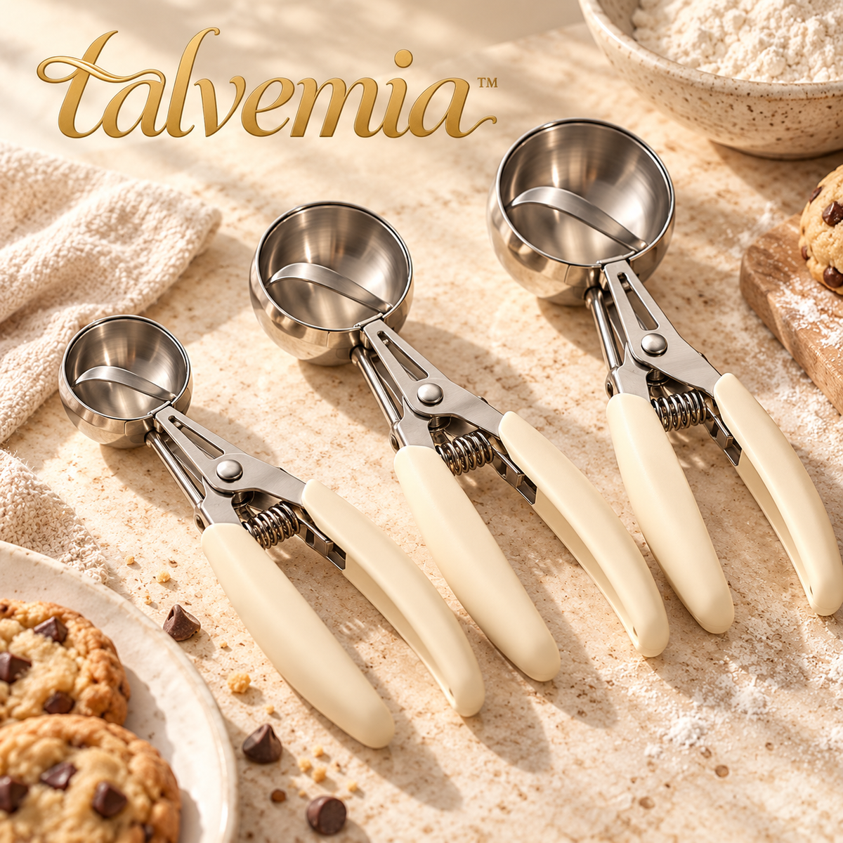 talvemia™ BatchBalance Cookie Scoop Set — 3 Trigger-Release Dough Scoops for Cookies, Cupcakes & Soft Mixtures