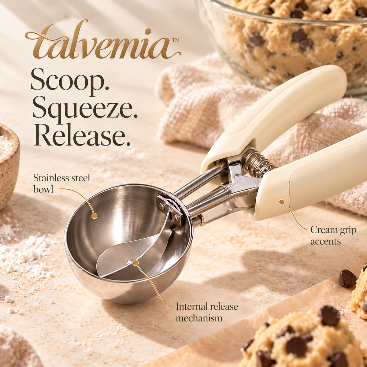 talvemia™ BatchBalance Cookie Scoop Set — 3 Trigger-Release Dough Scoops for Cookies, Cupcakes & Soft Mixtures