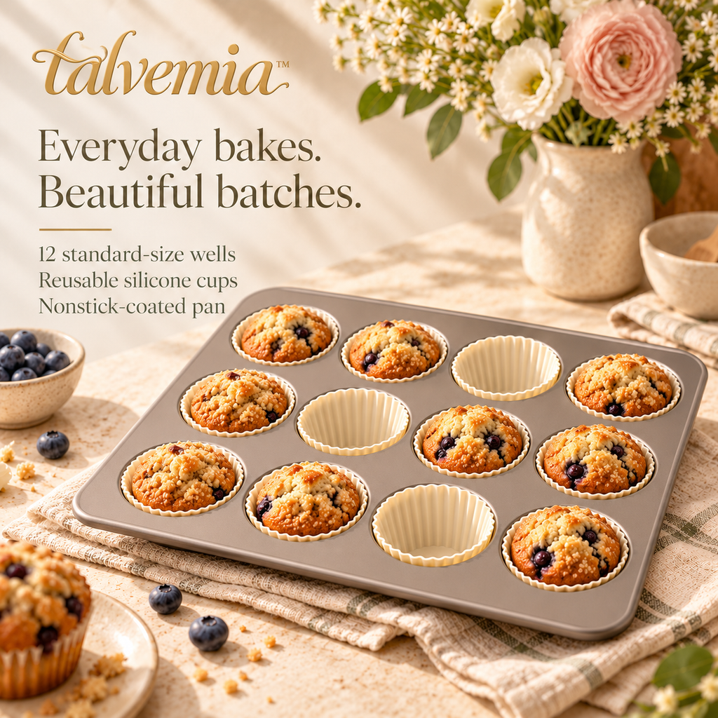 talvemia™ MorningBatch 12-Cup Muffin Pan Set — Nonstick Cupcake Baking Tin with Reusable Silicone Baking Cups