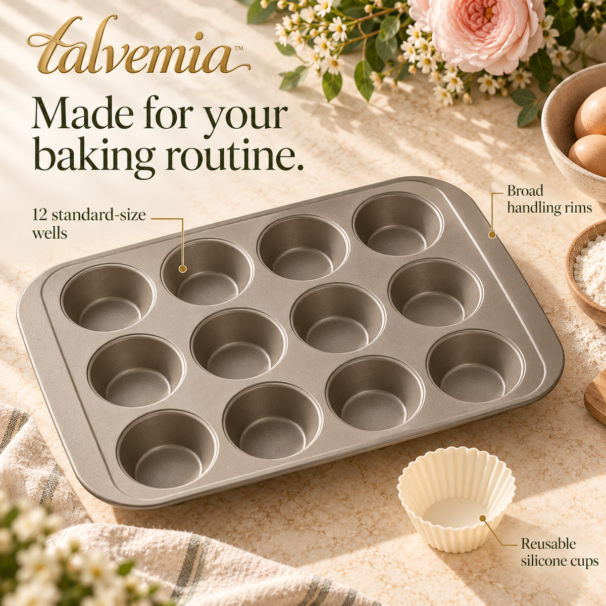 talvemia™ MorningBatch 12-Cup Muffin Pan Set — Nonstick Cupcake Baking Tin with Reusable Silicone Baking Cups