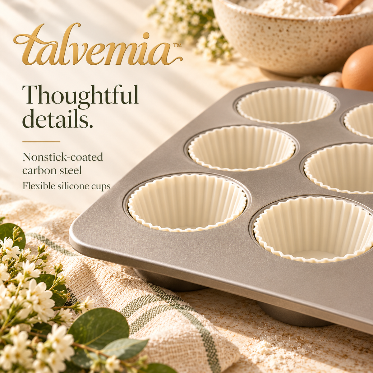 talvemia™ MorningBatch 12-Cup Muffin Pan Set — Nonstick Cupcake Baking Tin with Reusable Silicone Baking Cups
