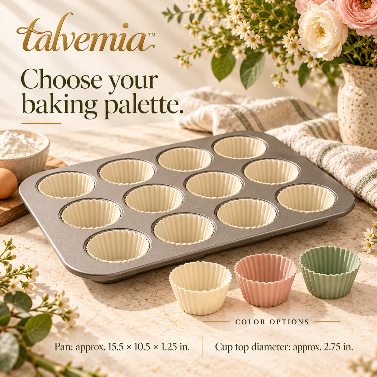 talvemia™ MorningBatch 12-Cup Muffin Pan Set — Nonstick Cupcake Baking Tin with Reusable Silicone Baking Cups