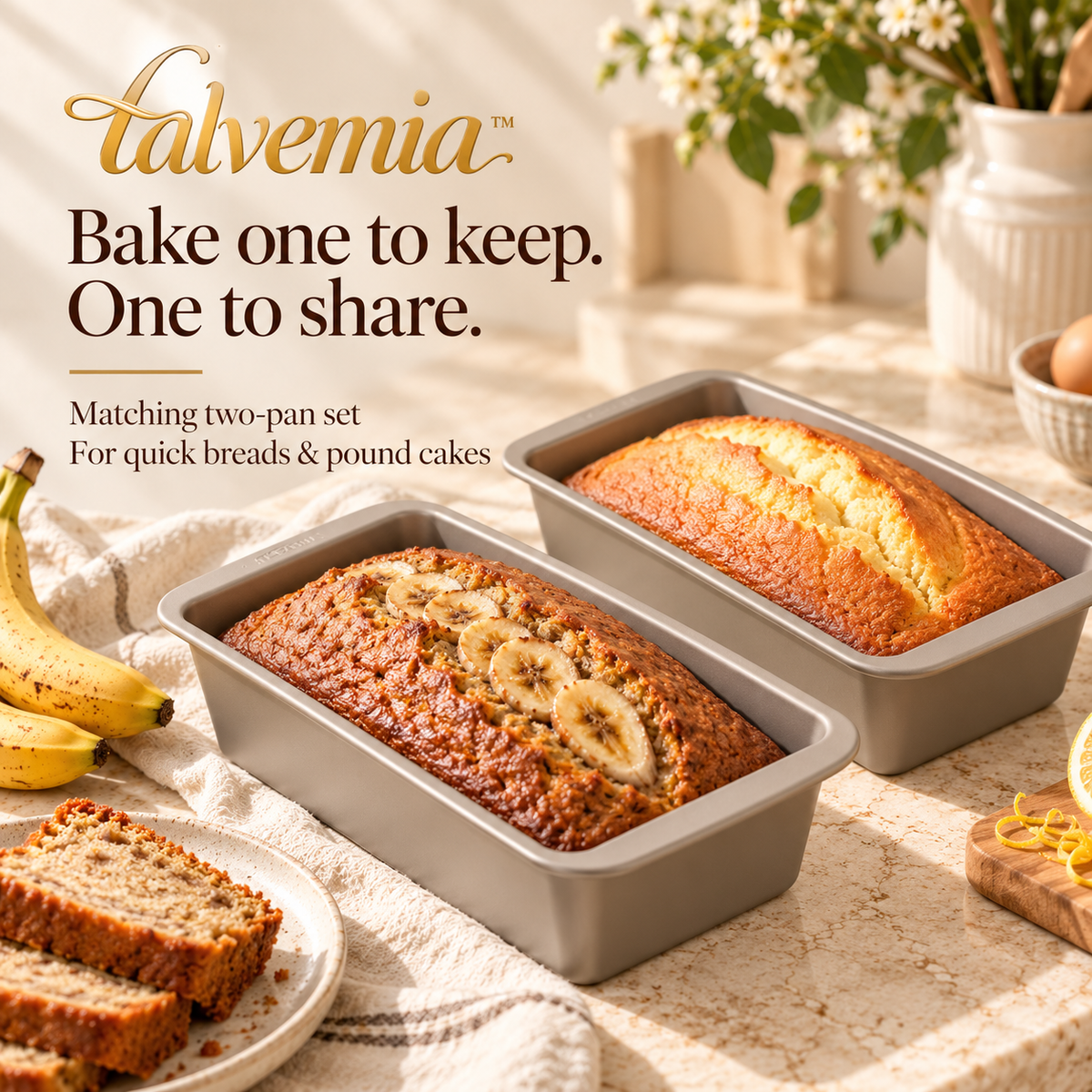 talvemia™ LoafCraft 9 × 5-Inch Loaf Pan Set — 2 Nonstick Bread Baking Pans for Banana Bread, Pound Cake & Quick Breads
