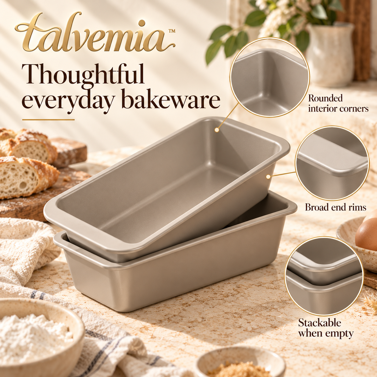 talvemia™ LoafCraft 9 × 5-Inch Loaf Pan Set — 2 Nonstick Bread Baking Pans for Banana Bread, Pound Cake & Quick Breads