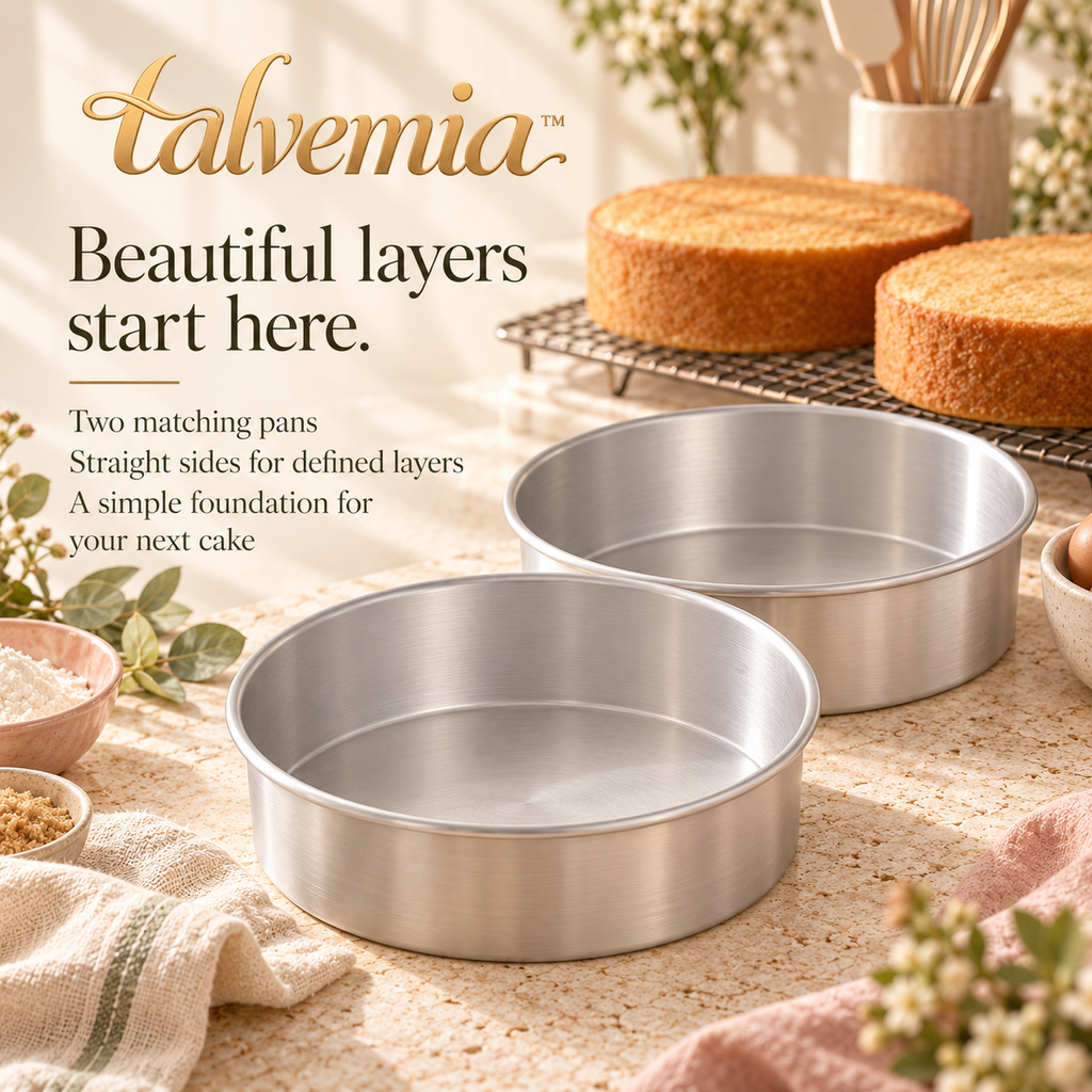 talvemia™ LayerForm Round Cake Pan Set — 2 Aluminum Layer Cake Baking Pans with Straight Sides, 8-Inch or 9-Inch