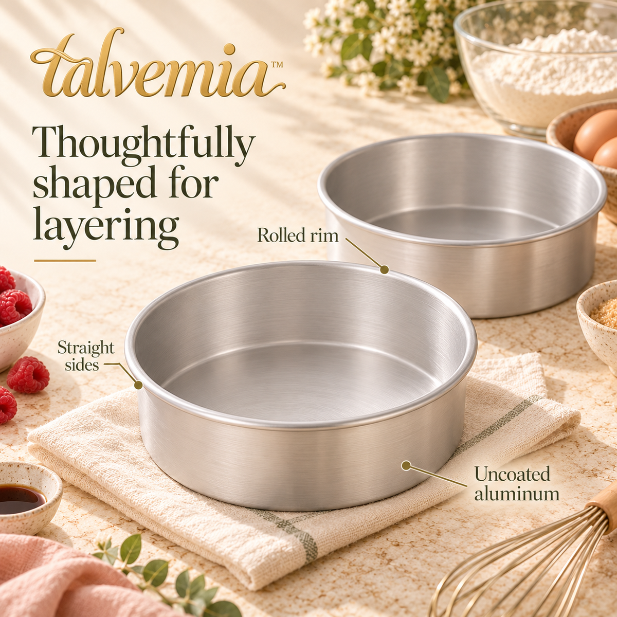talvemia™ LayerForm Round Cake Pan Set — 2 Aluminum Layer Cake Baking Pans with Straight Sides, 8-Inch or 9-Inch