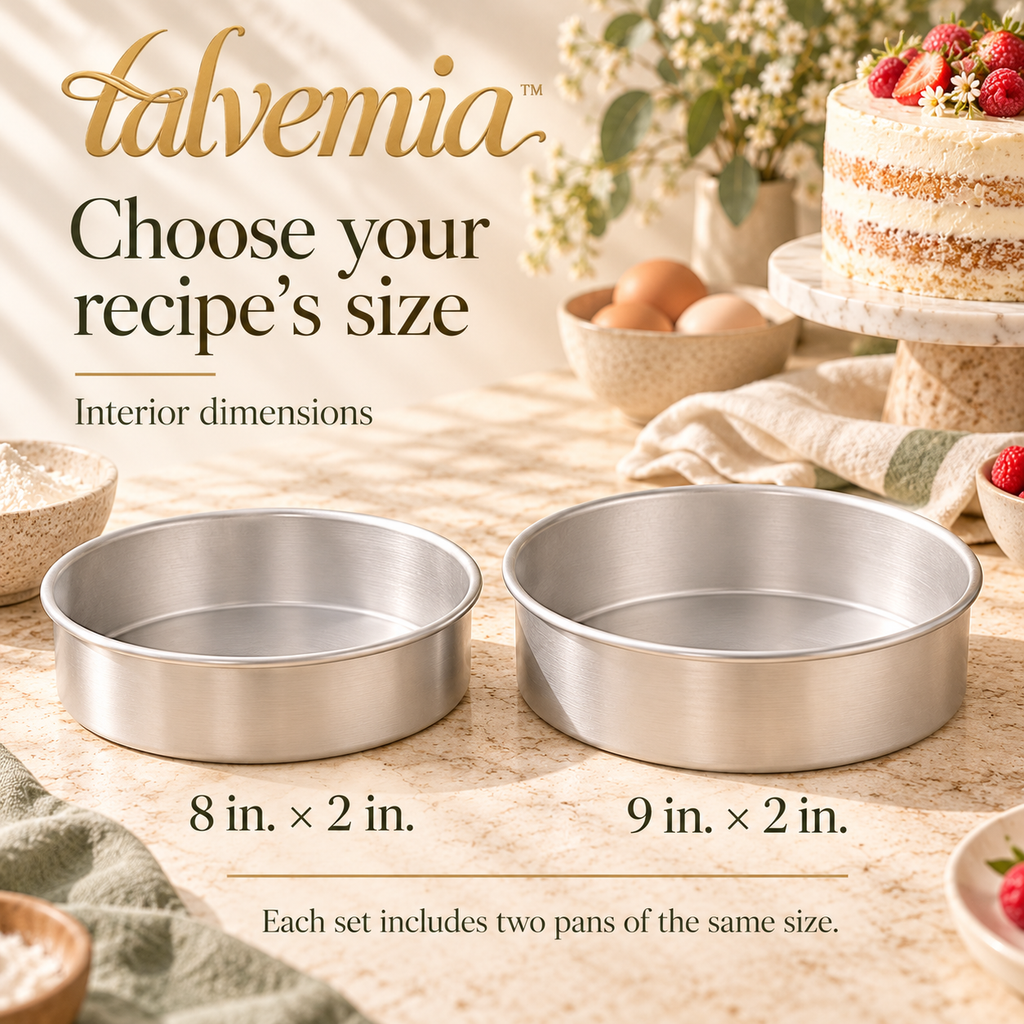 talvemia™ LayerForm Round Cake Pan Set — 2 Aluminum Layer Cake Baking Pans with Straight Sides, 8-Inch or 9-Inch