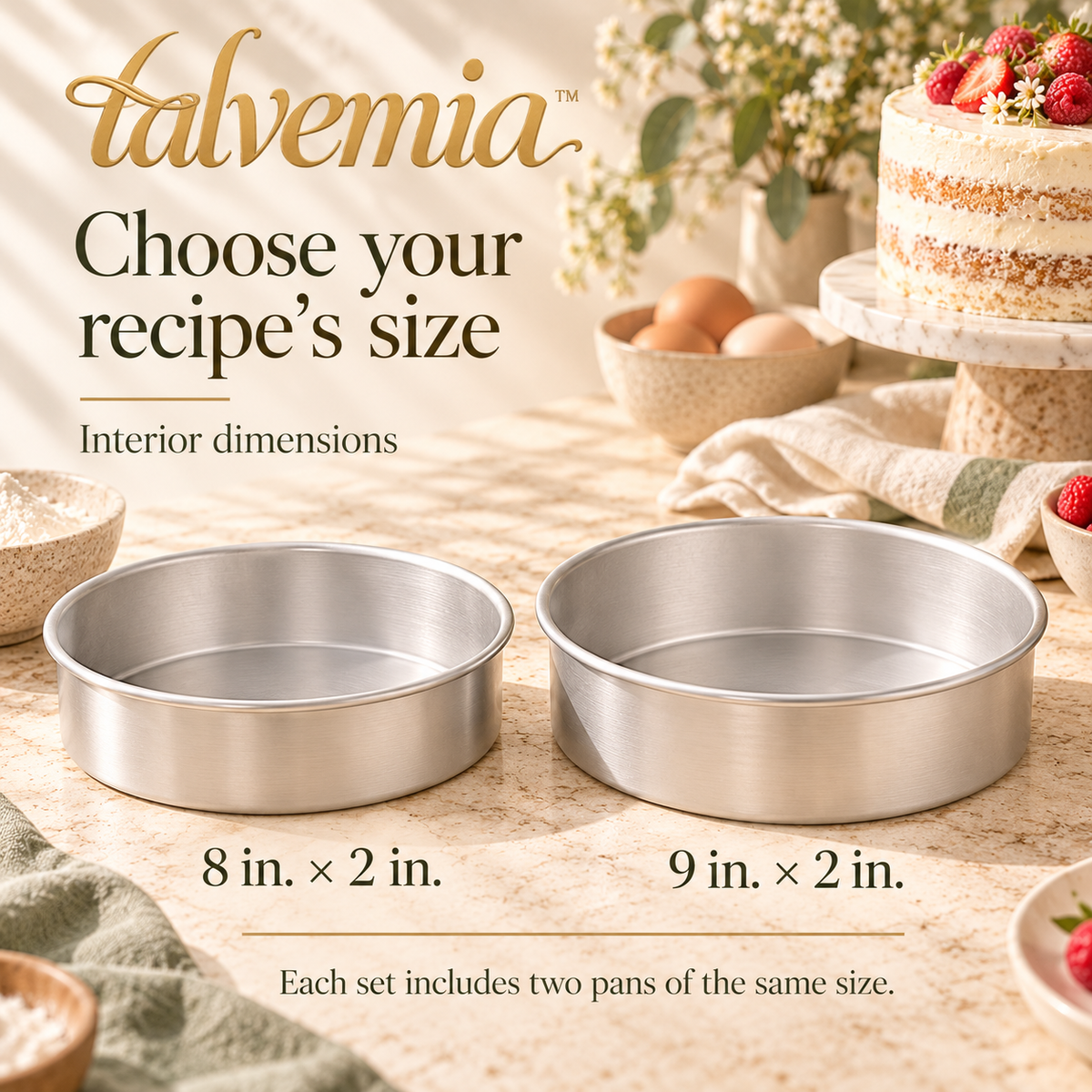 talvemia™ LayerForm Round Cake Pan Set — 2 Aluminum Layer Cake Baking Pans with Straight Sides, 8-Inch or 9-Inch