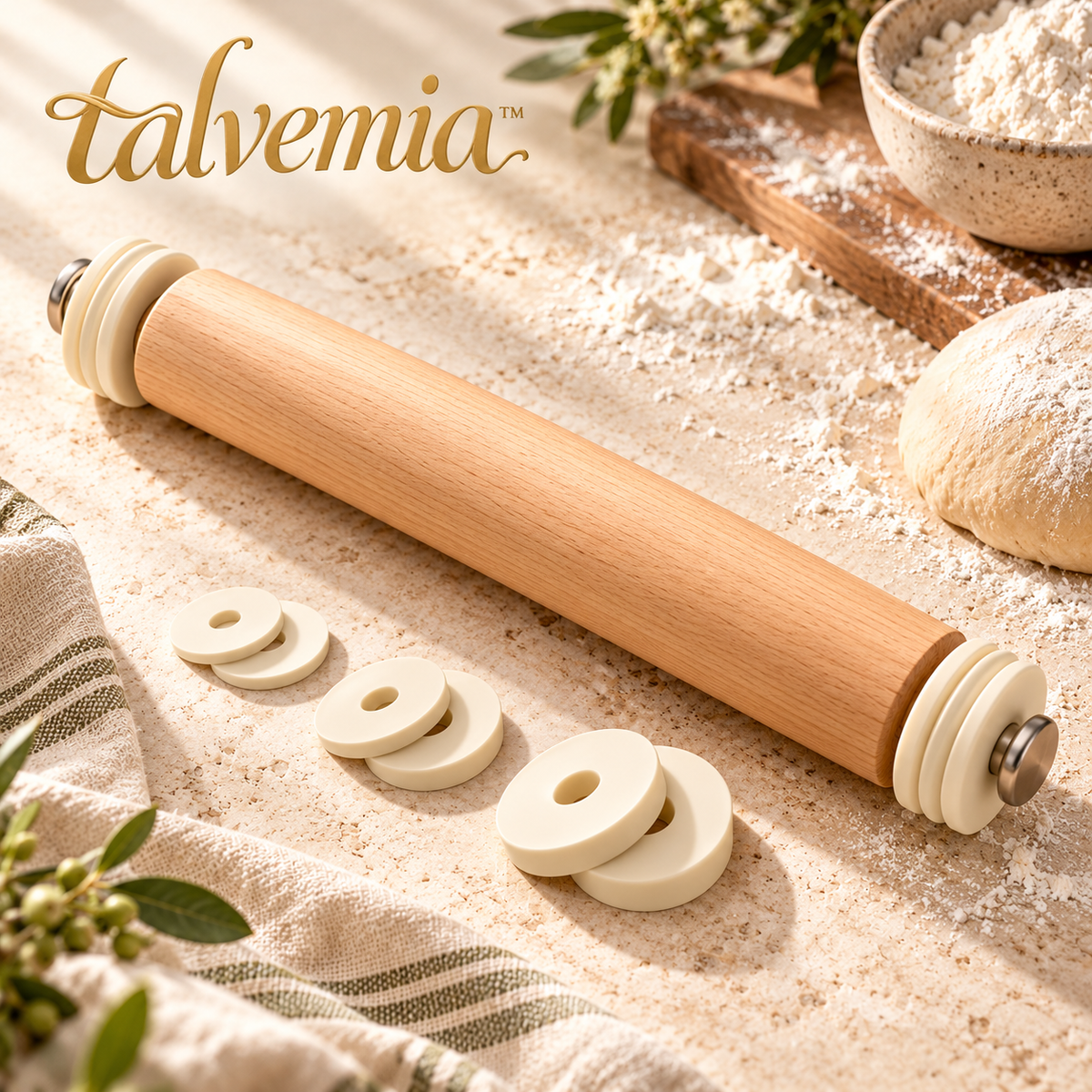 talvemia™ EvenRoll Adjustable Wooden Rolling Pin — Dough Roller with Thickness Guide Rings for Cookies, Pie Crust & Pastry
