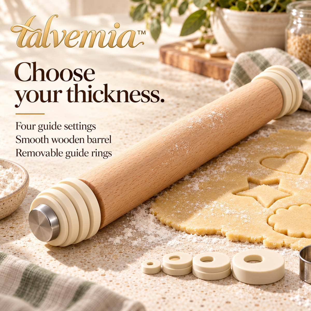 talvemia™ EvenRoll Adjustable Wooden Rolling Pin — Dough Roller with Thickness Guide Rings for Cookies, Pie Crust & Pastry