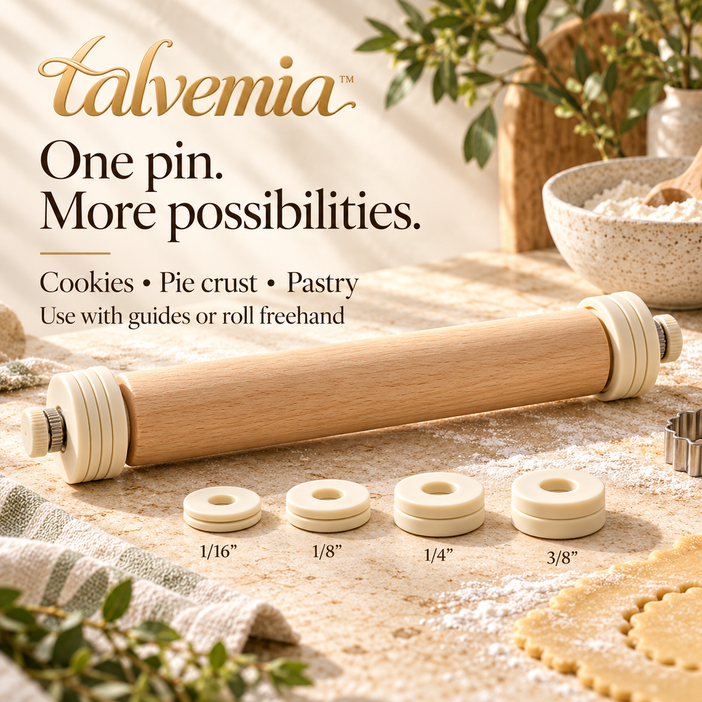 talvemia™ EvenRoll Adjustable Wooden Rolling Pin — Dough Roller with Thickness Guide Rings for Cookies, Pie Crust & Pastry