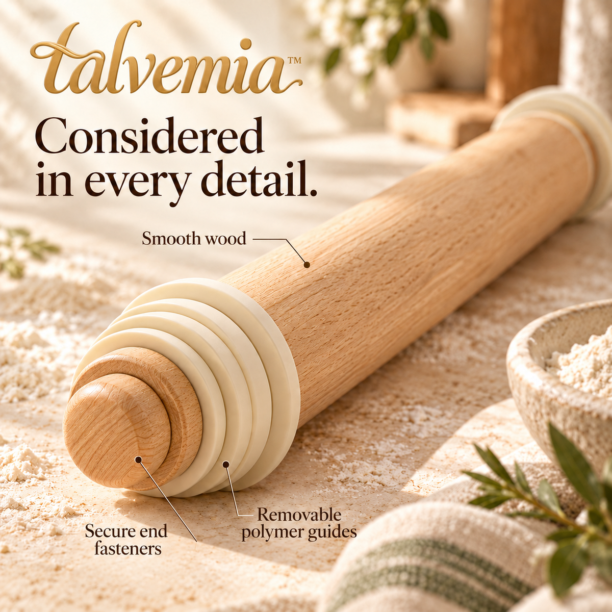 talvemia™ EvenRoll Adjustable Wooden Rolling Pin — Dough Roller with Thickness Guide Rings for Cookies, Pie Crust & Pastry