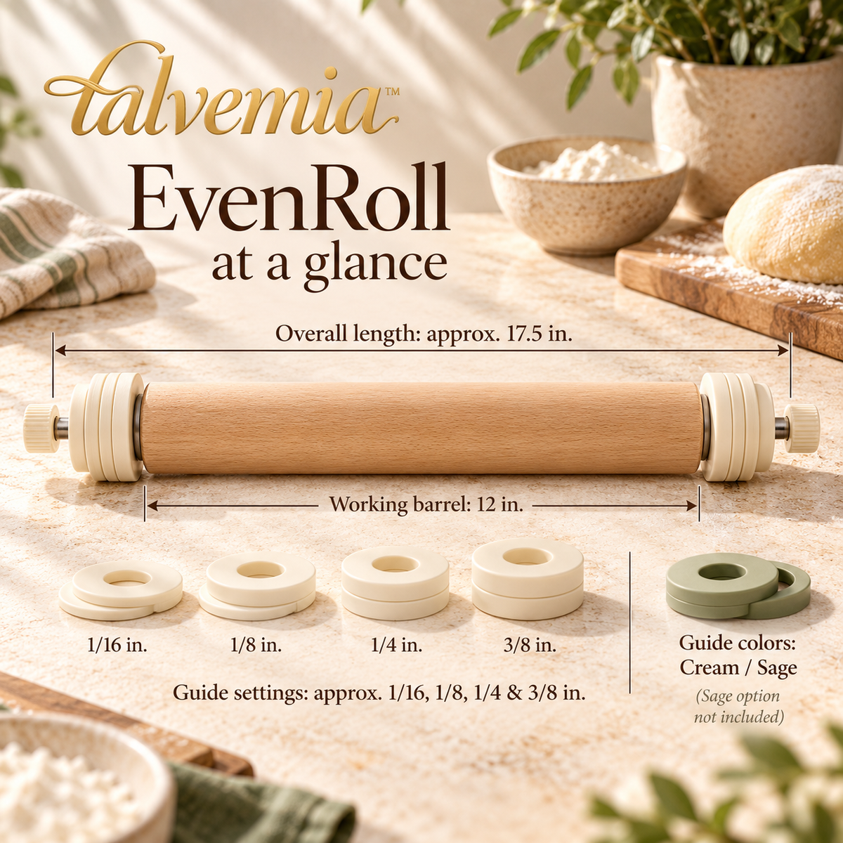 talvemia™ EvenRoll Adjustable Wooden Rolling Pin — Dough Roller with Thickness Guide Rings for Cookies, Pie Crust & Pastry