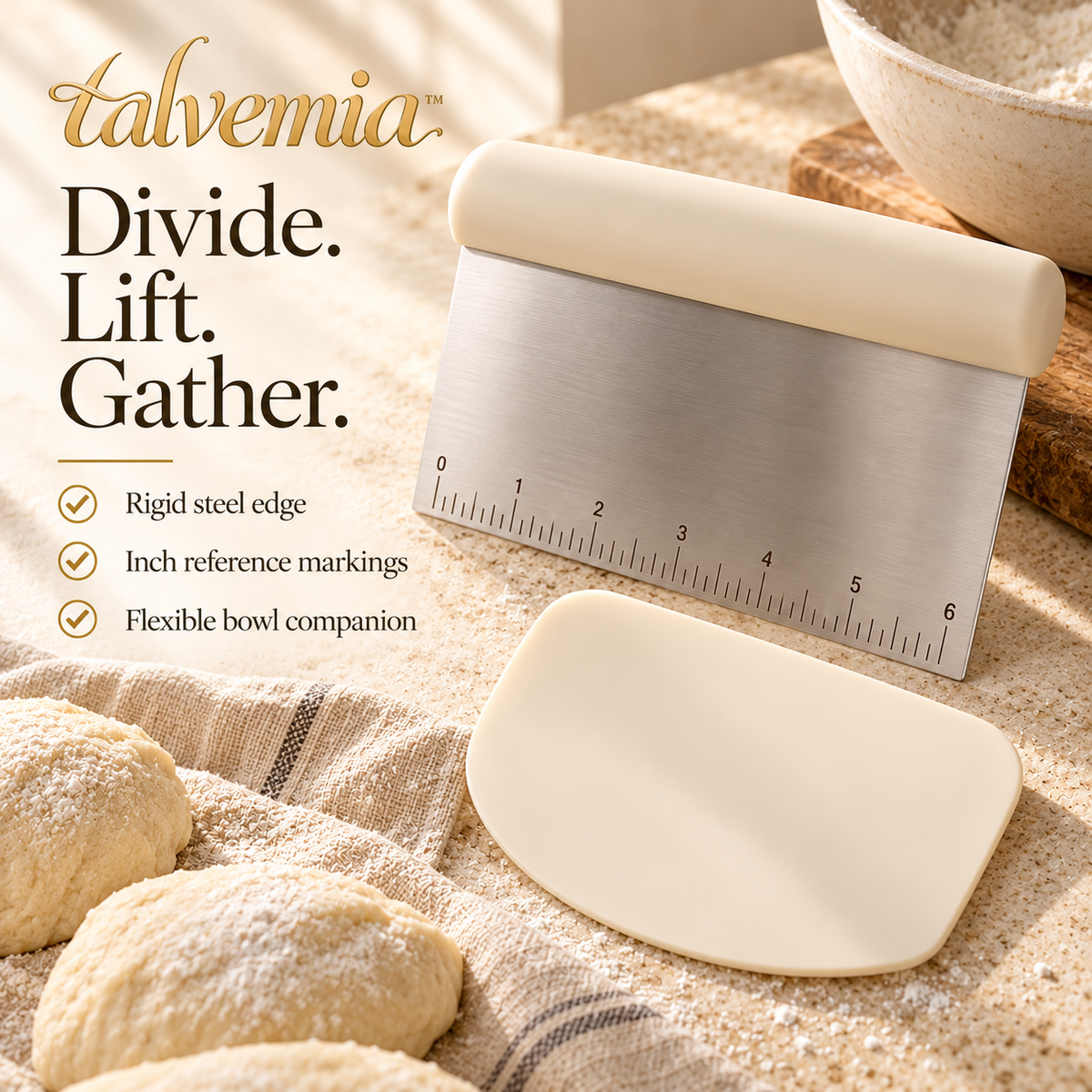 talvemia™ DoughDivide Bench Scraper Set — Stainless Steel Dough Cutter with Inch Markings & Flexible Bowl Scraper