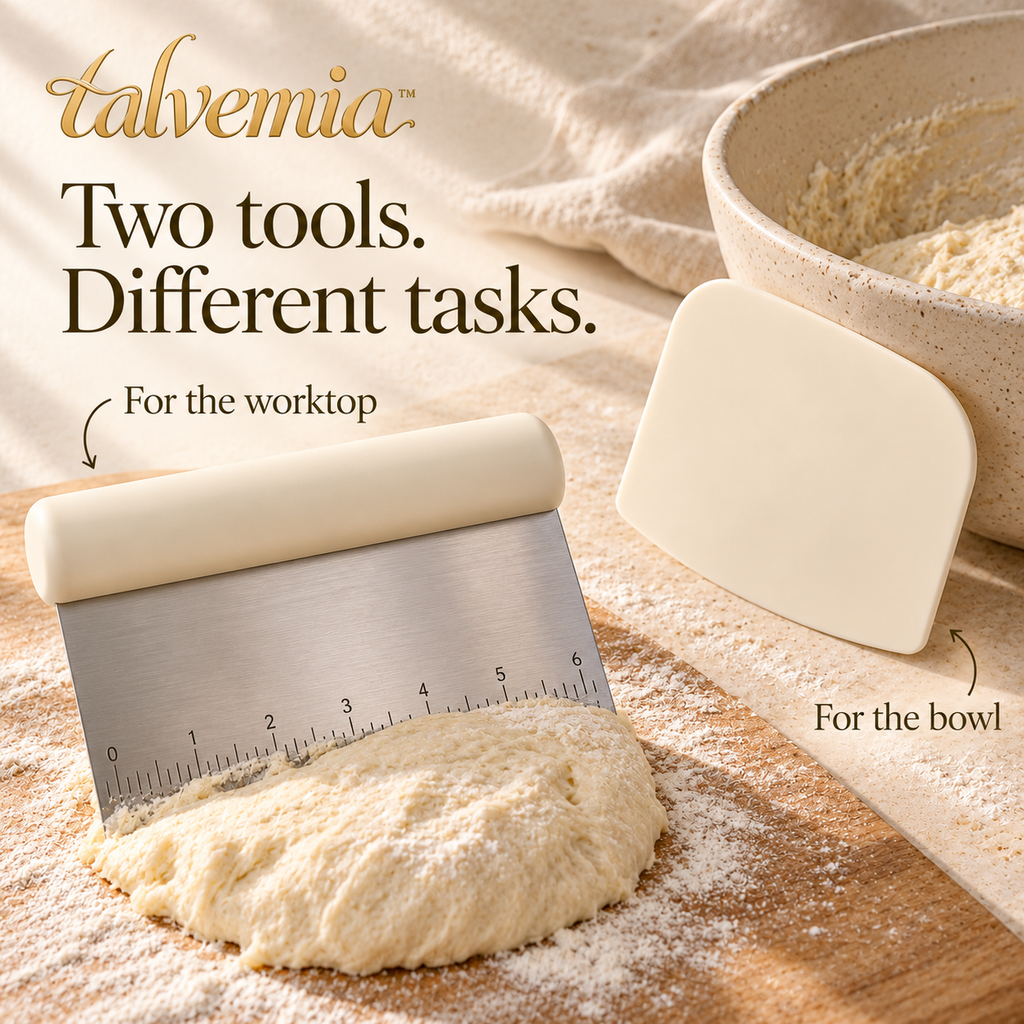 talvemia™ DoughDivide Bench Scraper Set — Stainless Steel Dough Cutter with Inch Markings & Flexible Bowl Scraper
