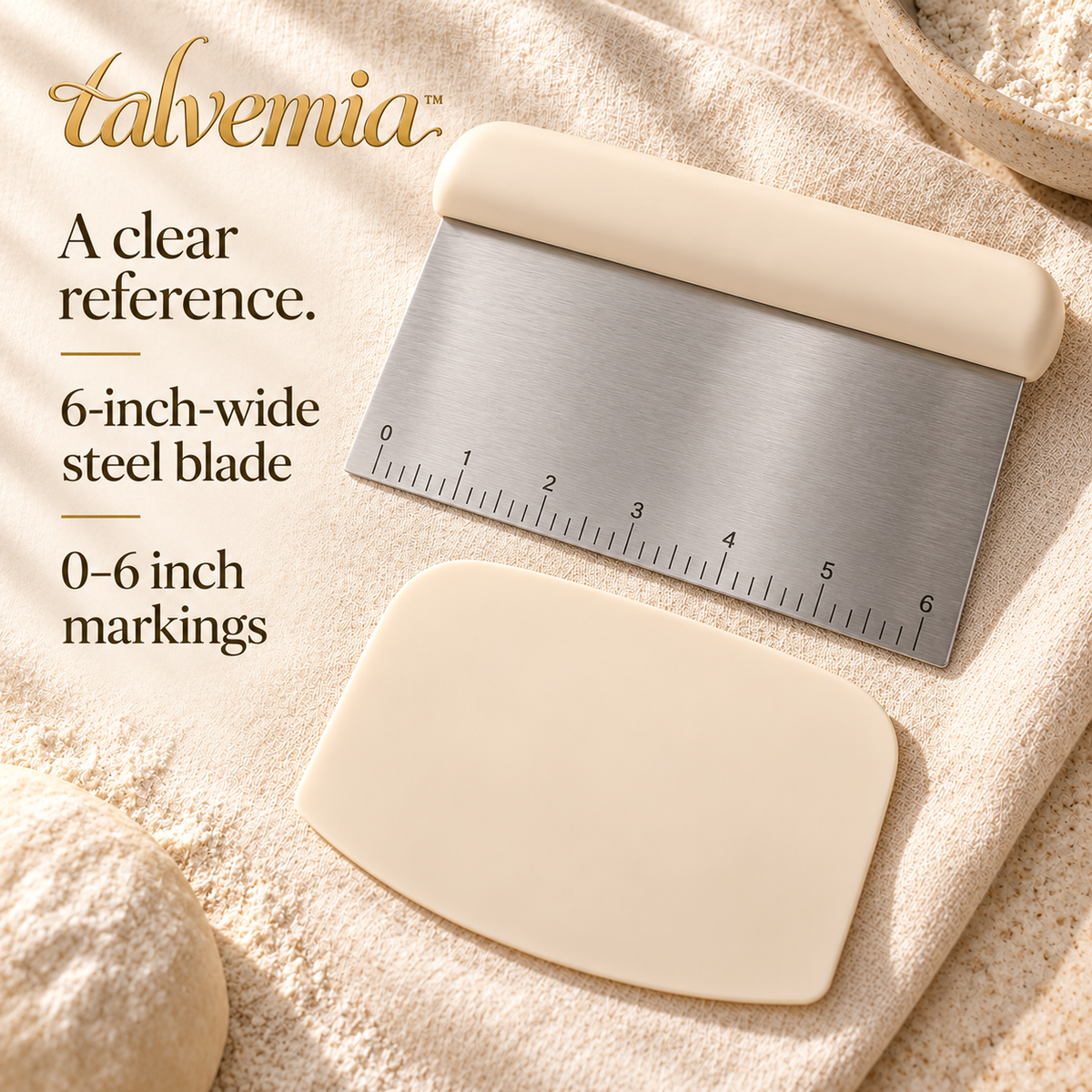 talvemia™ DoughDivide Bench Scraper Set — Stainless Steel Dough Cutter with Inch Markings & Flexible Bowl Scraper