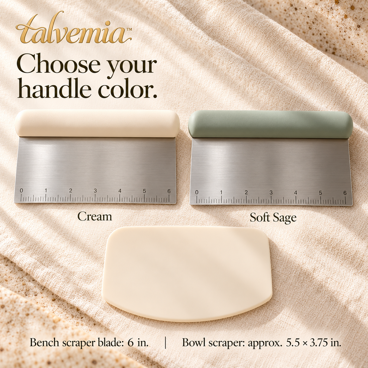 talvemia™ DoughDivide Bench Scraper Set — Stainless Steel Dough Cutter with Inch Markings & Flexible Bowl Scraper