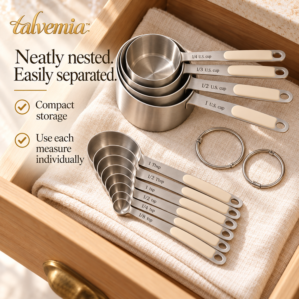 talvemia™ RecipeReady Measuring Cups & Spoons Set — 10 Stainless Steel Dry Measures with U.S. Cup, Tablespoon & Teaspoon Markings