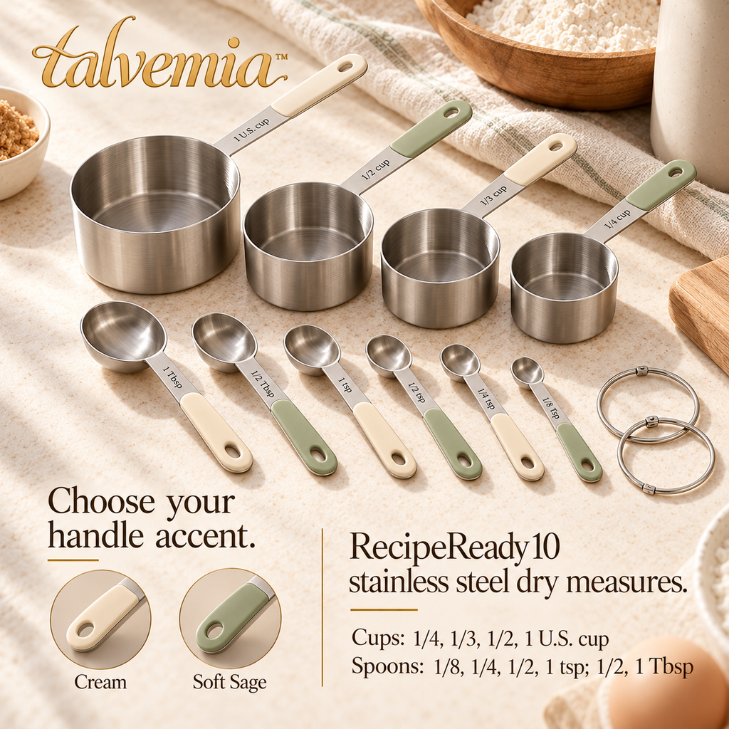 talvemia™ RecipeReady Measuring Cups & Spoons Set — 10 Stainless Steel Dry Measures with U.S. Cup, Tablespoon & Teaspoon Markings