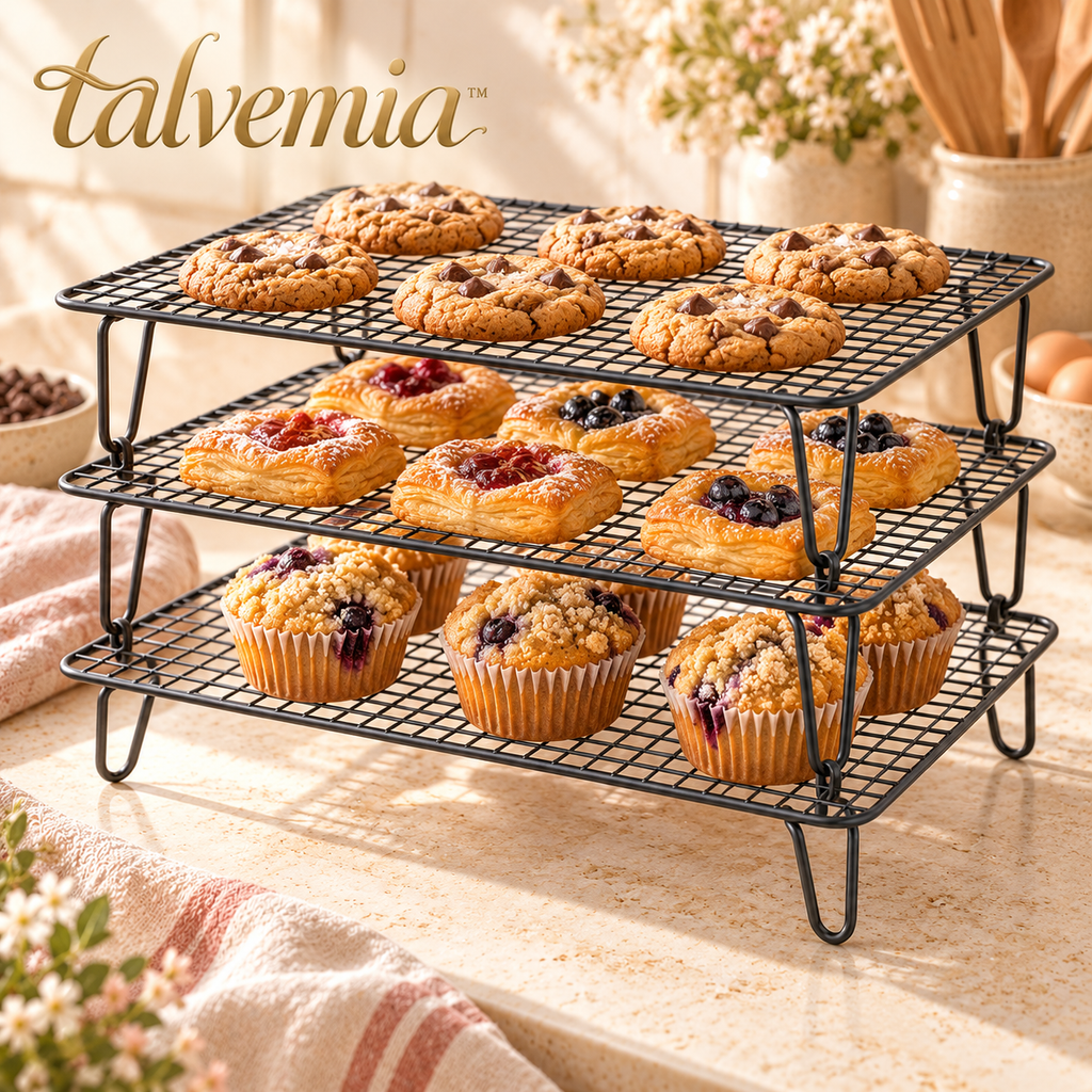 talvemia™ CoolTier 3-Tier Stackable Cooling Rack — Folding Wire Baking Racks for Cookies, Muffins & Small Pastries