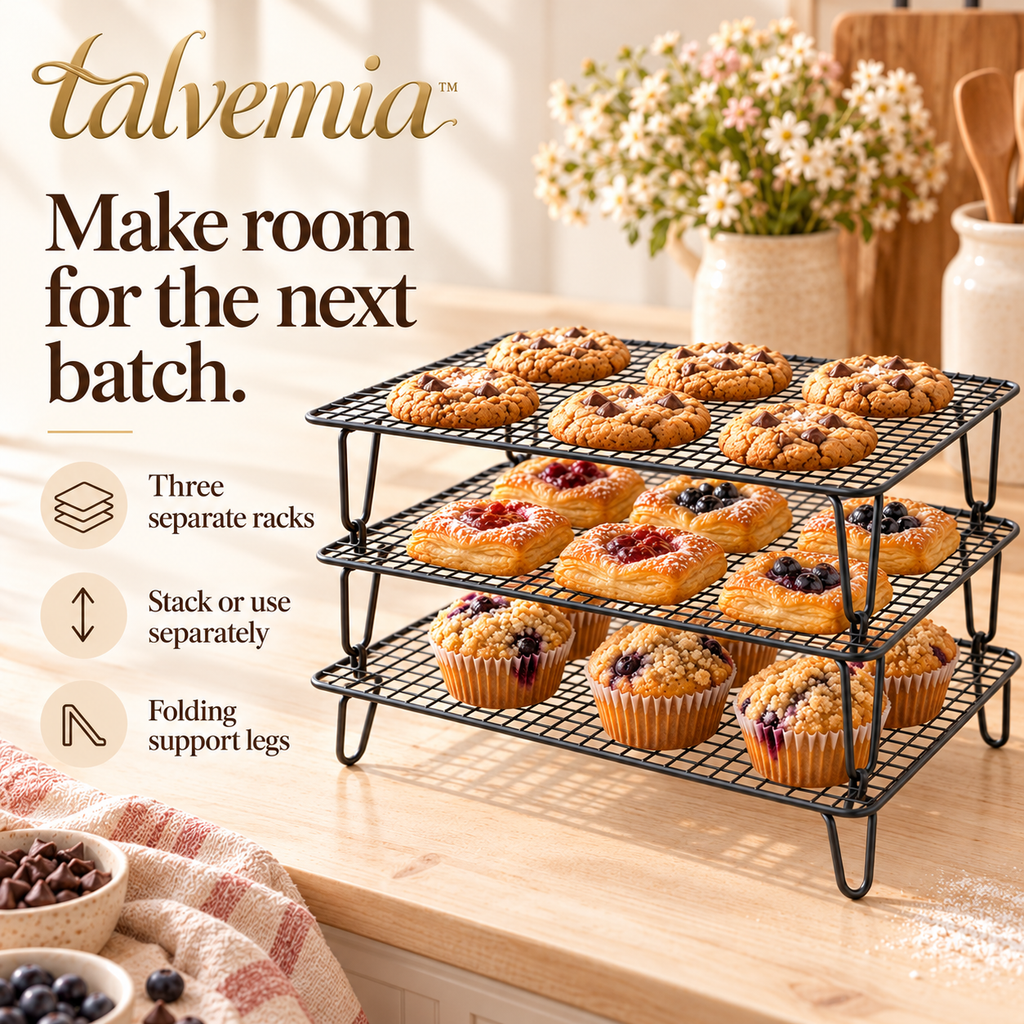 talvemia™ CoolTier 3-Tier Stackable Cooling Rack — Folding Wire Baking Racks for Cookies, Muffins & Small Pastries