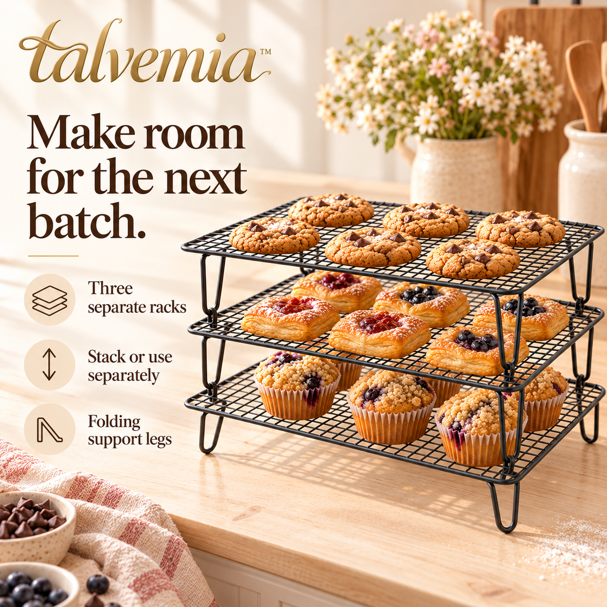talvemia™ CoolTier 3-Tier Stackable Cooling Rack — Folding Wire Baking Racks for Cookies, Muffins & Small Pastries