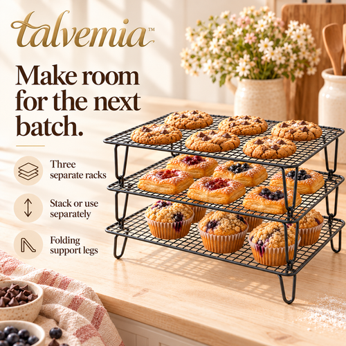 talvemia™ CoolTier 3-Tier Stackable Cooling Rack — Folding Wire Baking Racks for Cookies, Muffins & Small Pastries