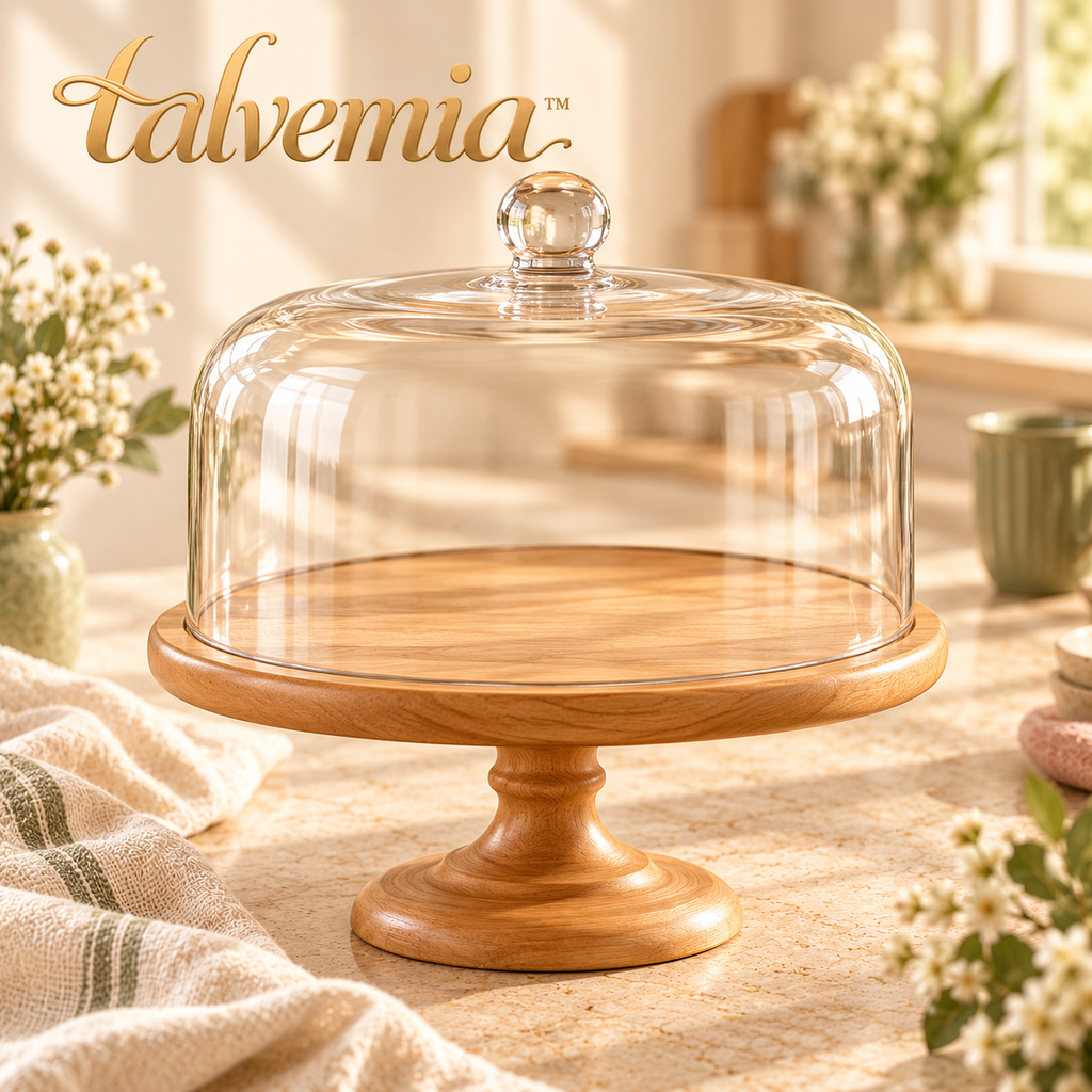 talvemia™ SweetHalo 10-Inch Cake Stand with Glass Dome — Wooden Dessert Display Pedestal for Cakes, Cupcakes & Pastries
