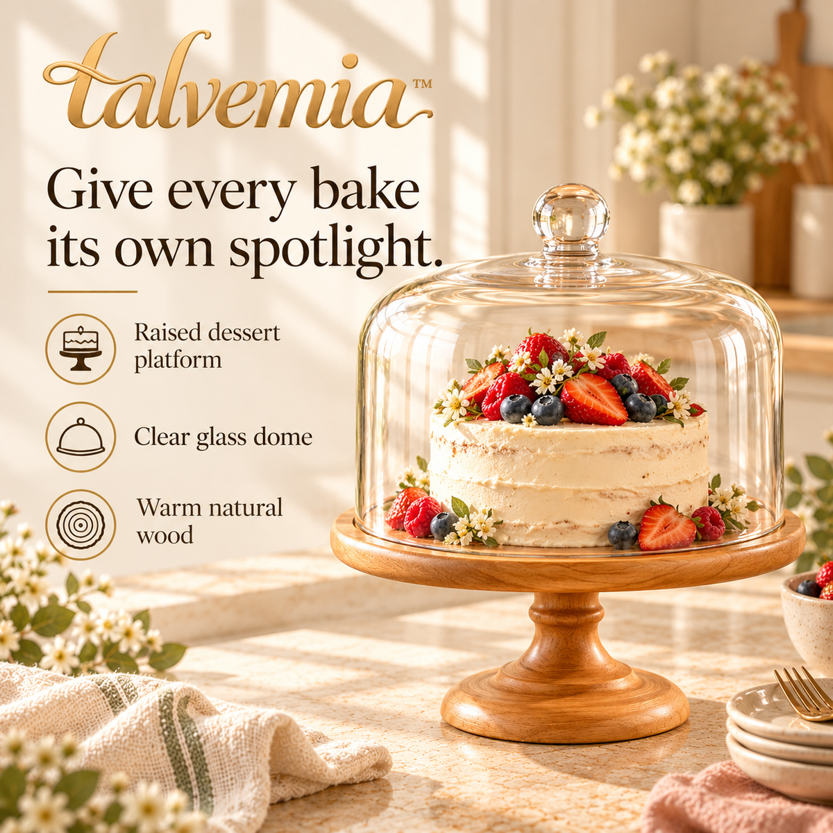 talvemia™ SweetHalo 10-Inch Cake Stand with Glass Dome — Wooden Dessert Display Pedestal for Cakes, Cupcakes & Pastries