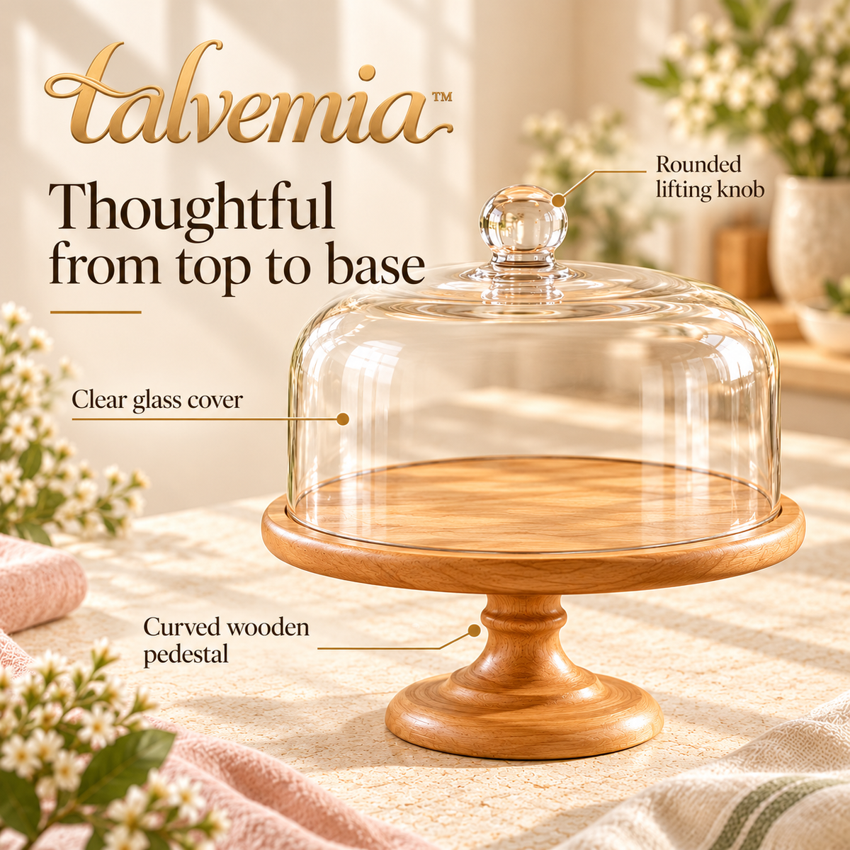 talvemia™ SweetHalo 10-Inch Cake Stand with Glass Dome — Wooden Dessert Display Pedestal for Cakes, Cupcakes & Pastries