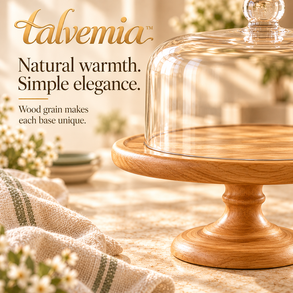 talvemia™ SweetHalo 10-Inch Cake Stand with Glass Dome — Wooden Dessert Display Pedestal for Cakes, Cupcakes & Pastries